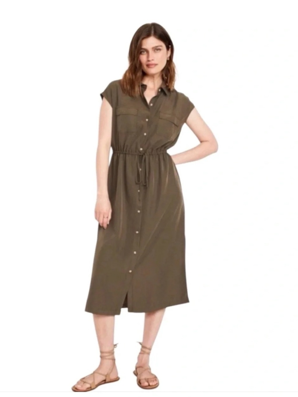 Old Navy Women's Waist-Defined Utility Midi Green Shirt Dress Size XL